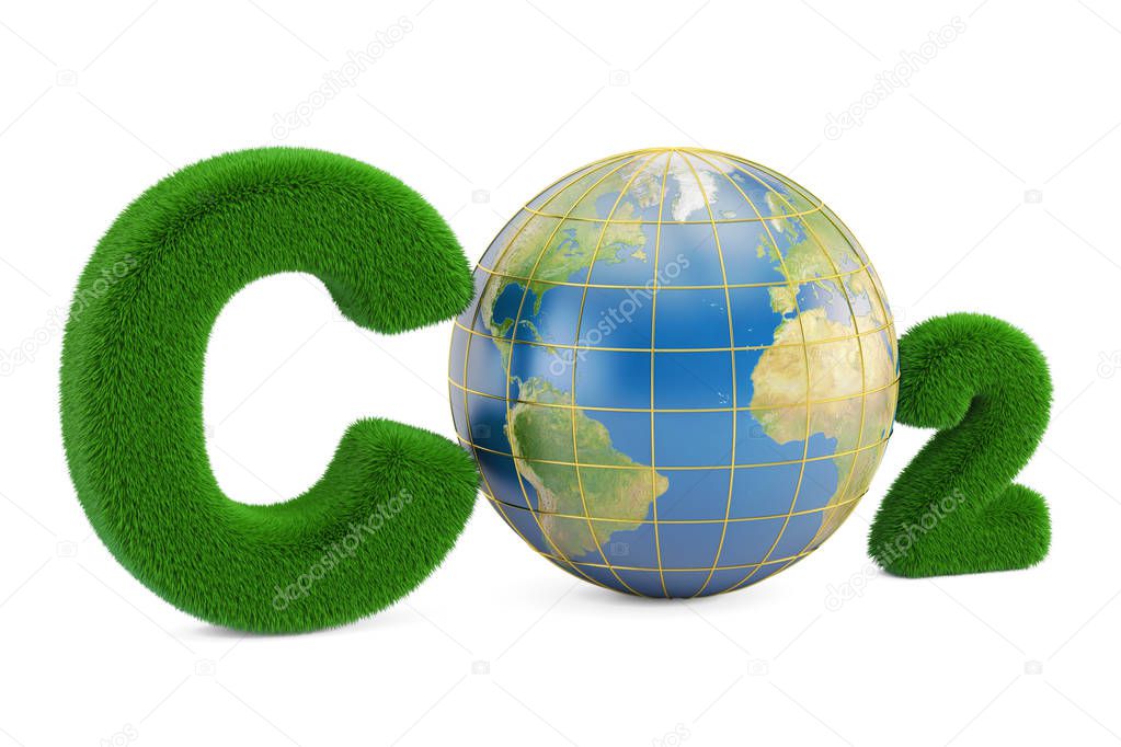 CO2 from grass inscription with globe, 3D rendering