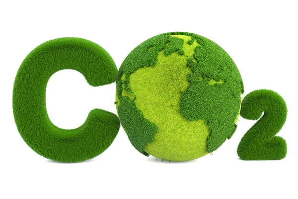 CO2 från gräs inskription med jordglob, eco koncept. 3D-rendering — Stockfoto