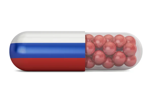 Pil kapsul dengan bendera Rusia. Konsep perawatan kesehatan Rusia, 3D r — Stok Foto