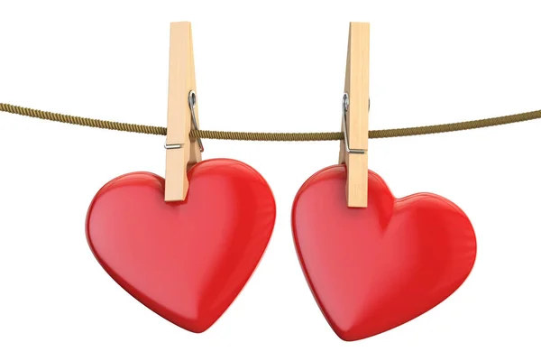 Hartjes op touw met wasknijper, Valentijnsdag concept. 3D rend — Stockfoto