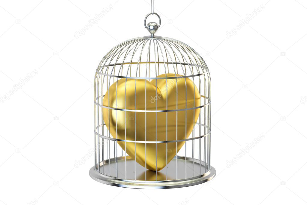 Birdcage with golden heart, 3D rendering