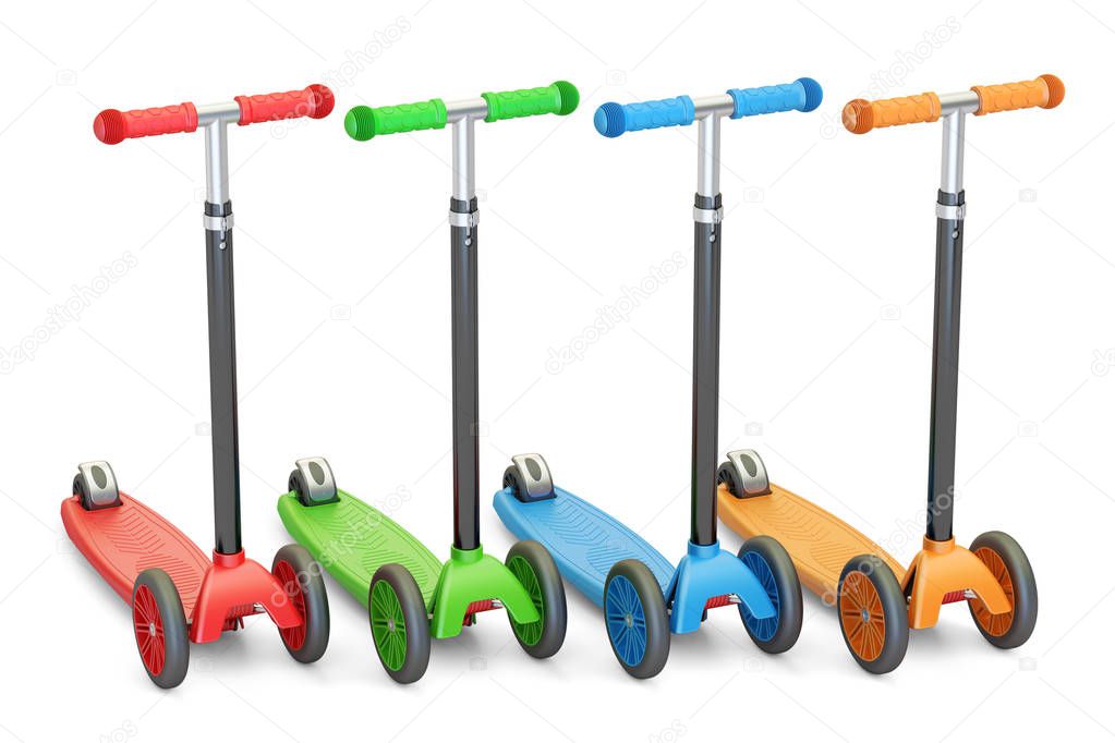 set of colored kick scooters, 3D rendering