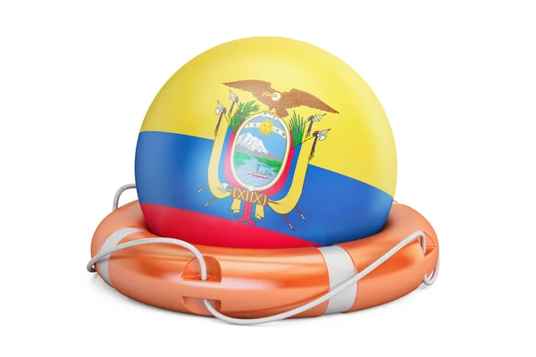 Reddingsboei met Ecuador vlag, veilige, helpen en te beschermen van concept. 3D-r — Stockfoto