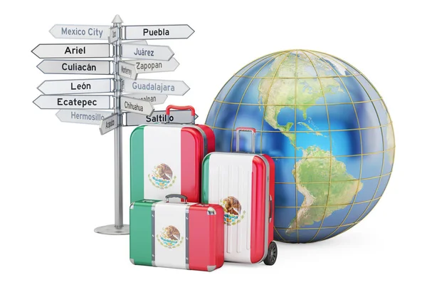 Mexico travel concept. Suitcases with Mexican flag, signpost and — Stock Photo, Image