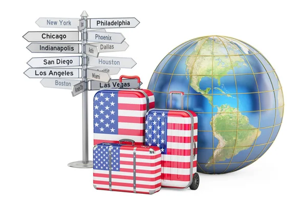 USA Reizen concept. Koffers met ons vlag, de wegwijzer en de aarde g — Stockfoto
