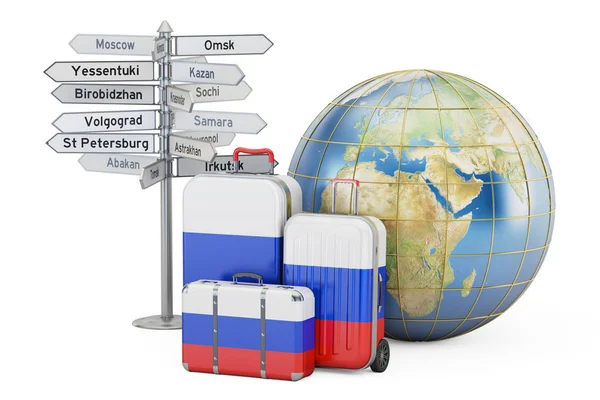Rusland reizen concept. Koffers met Russische vlag, wegwijzer en — Stockfoto