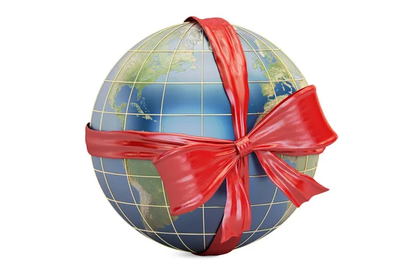 Глобус Землі з цибулею і стрічкою крупним планом, подарунок концепції. 3D візуалізації — стокове фото