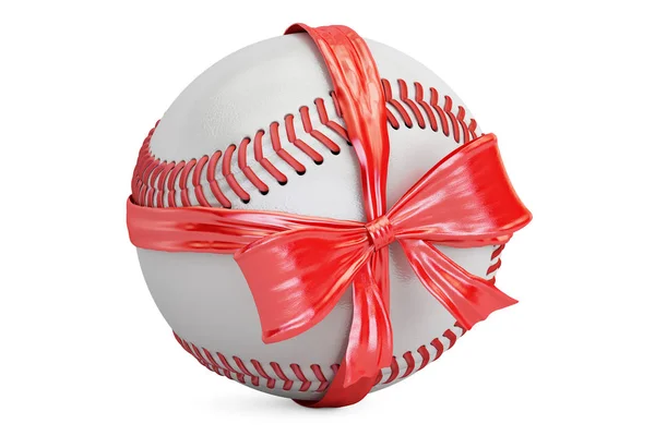 Бейсбольный мяч с бантом и лентой, концепция подарка. 3D рендеринг — стоковое фото