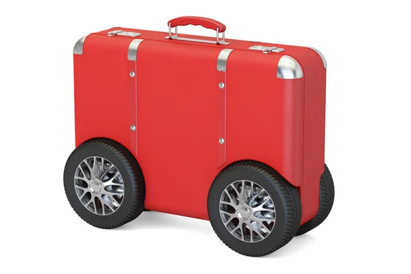 Czerwoną walizkę z kół samochodów. Podróże i turystyka pojęcie, 3d ren — Zdjęcie stockowe