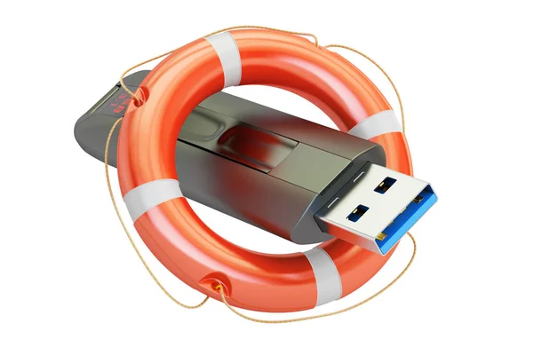 USB-minne med livboj, säkerhetskoncept. 3D-rendering — Stockfoto