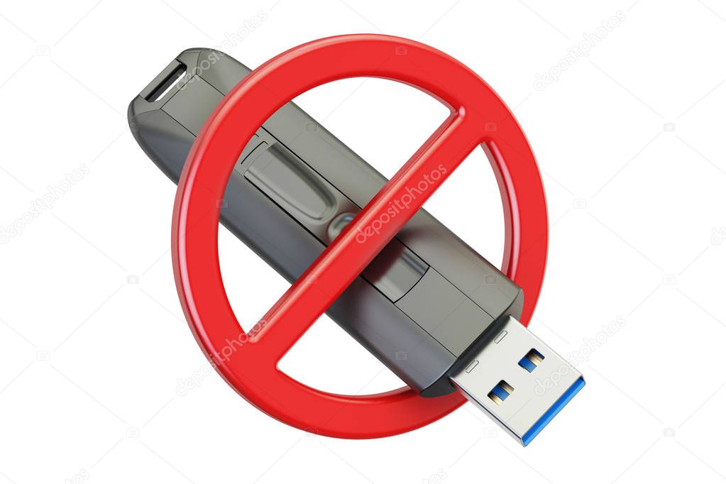 Forbidden sign with USB flash drive, 3D rendering