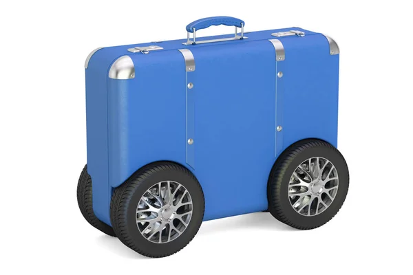 Maleta azul con ruedas de coche. Concepto de viajes y turismo, 3D re — Foto de Stock