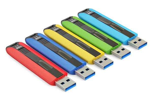 Conjunto de unidades flash USB coloridas 3.1, renderização 3D — Fotografia de Stock