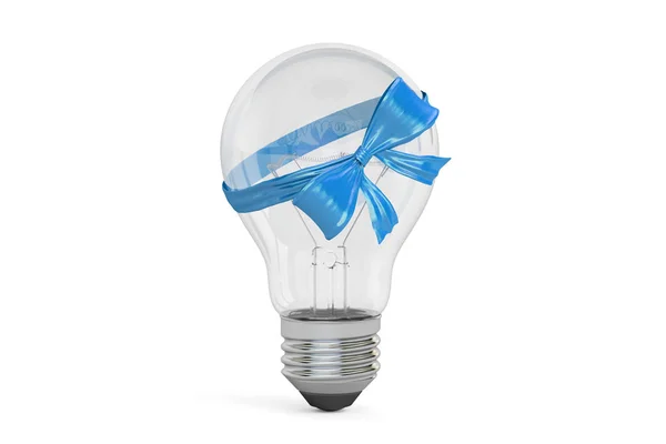 Lâmpada com laço azul e fita, conceito de presente. Renderização 3D — Fotografia de Stock