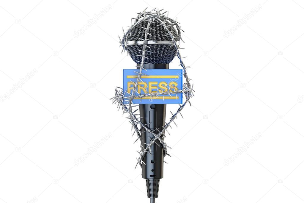 Freedom of the press prohibition concept. Microphone with barbed
