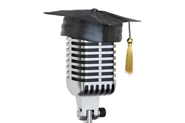 retro microphone with graduation cap, 3D rendering clipart