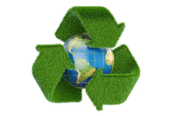 Met gras begroeide recycle symbool met Earth globe, 3D-rendering — Stockfoto