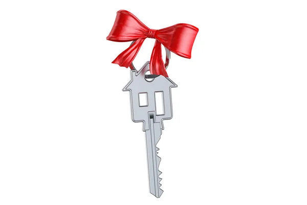 家の鍵と赤の弓、ギフトの概念。3 d レンダリング — ストック写真