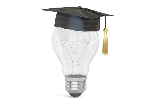 Lâmpada com tampa de graduação, conceito de ideia. Renderização 3D — Fotografia de Stock