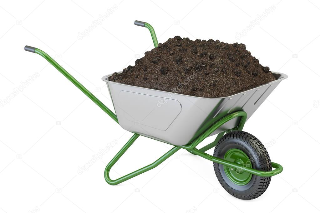 Garden wheelbarrow with soil or compost, 3D rendering