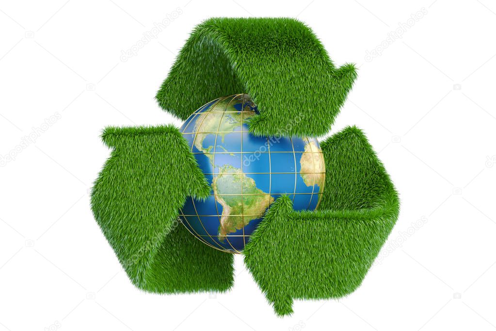 Grassy recycle symbol with Earth globe, 3D rendering