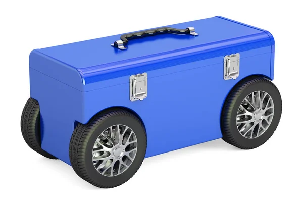Blauwe toolbox op auto wielen, 3D-rendering — Stockfoto