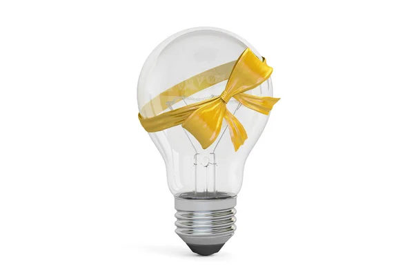Lâmpada com arco amarelo e fita, conceito de presente. Renderização 3D — Fotografia de Stock