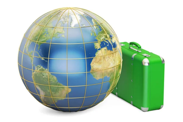 Глобус Землі з чемодан, подорожі концепцію. 3D-рендерінг — стокове фото