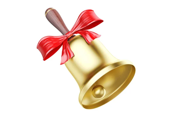 Dzwonek szkolny złota z czerwoną kokardą, renderowania 3d — Zdjęcie stockowe