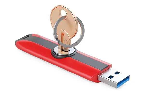 USB-minne med nyckel, säkerhetskoncept. 3D-rendering — Stockfoto