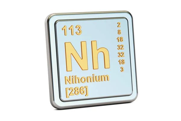 Nihonium Nh, sinal de elemento químico. Renderização 3D — Fotografia de Stock