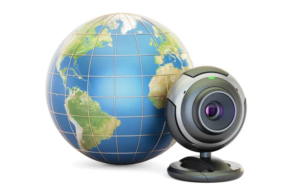 Internet kommunikationskoncept, jorden världen med webbkamera. 3D rämna — Stockfoto