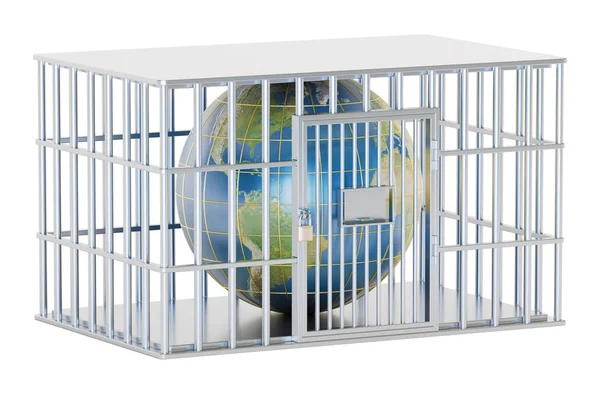 Steel cage, prison cell with Earth globe. 3D rendering