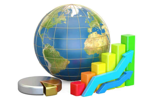 Earth Globe with growing bar graphs and pie chart. 3D rendering — Stock Photo, Image