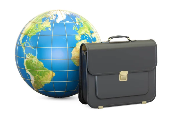 Global Business concept, briefcase with Earth globe. 3D renderin — Stock Photo, Image