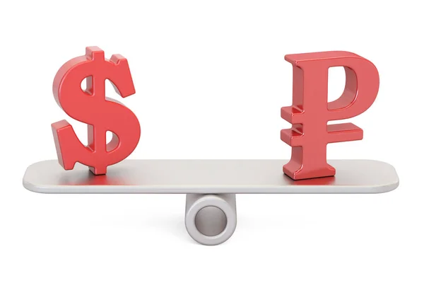 Dólar ou Rublo, conceito de equilíbrio. Renderização 3D — Fotografia de Stock