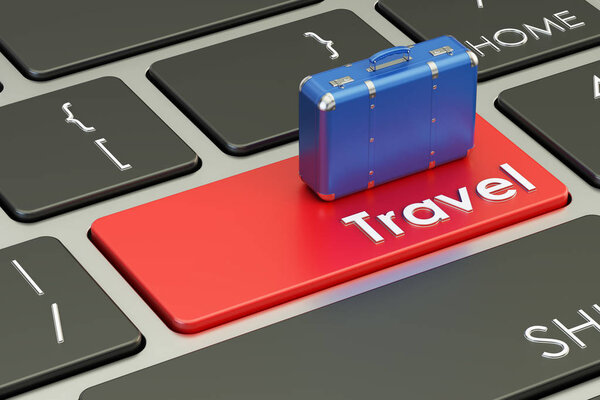 Travel concept with suitcase on keyboard. 3D rendering