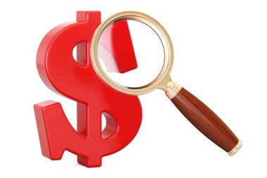 Büyüteç'i, 3d Render kırmızı dolar simgesiyle 