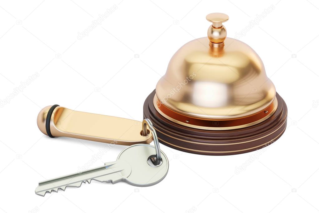 Hotel key and reception bell, 3D rendering
