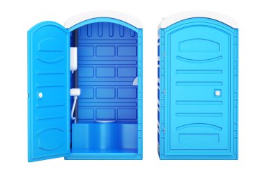 Opened and closed mobile portable blue plastic toilets, 3D rende