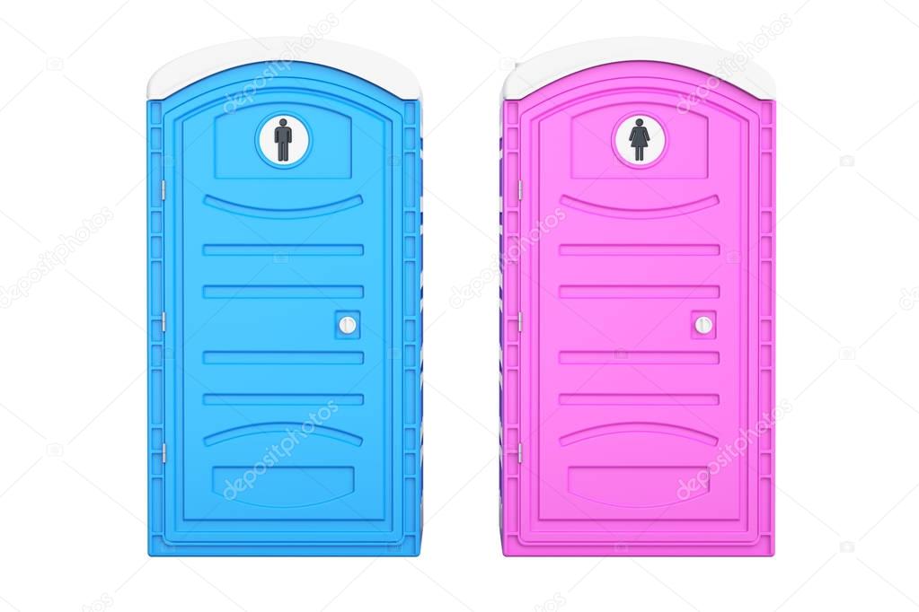 Portable blue men and pink women toilets, 3D rendering