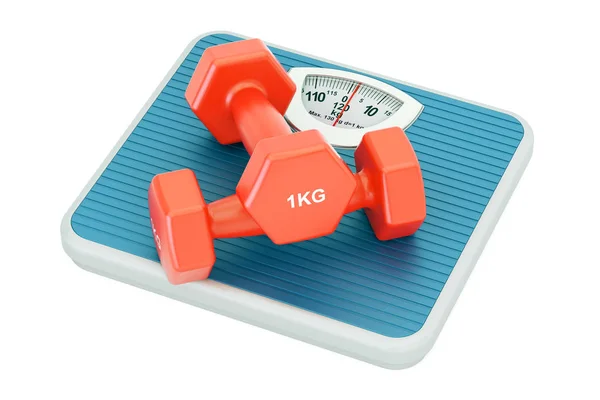 Weight scale with fitness dumbbells, 3D rendering — Stock Photo, Image