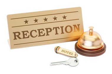 Resepsiyon plaka, 3d render ile otel anahtar ve Resepsiyon zili