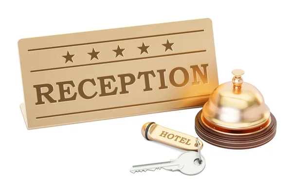 Llave del hotel y campana de recepción con placa de recepción, renderizado 3D —  Fotos de Stock