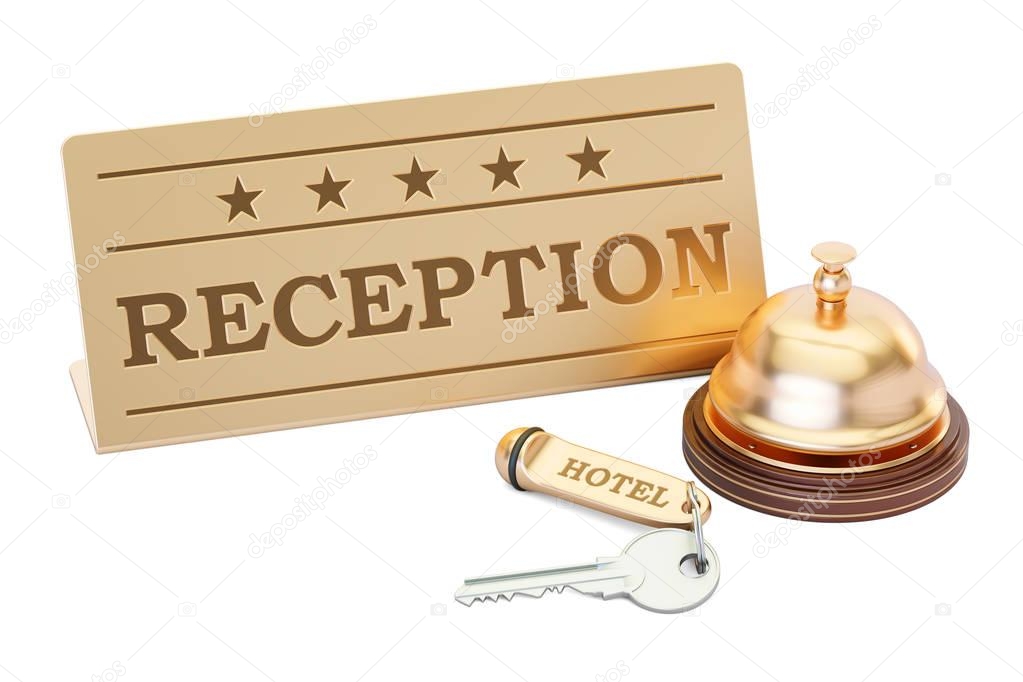 Hotel key and reception bell with reception plate, 3D rendering