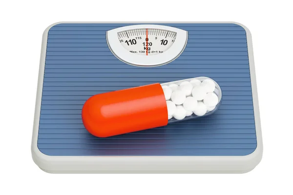 Bilancia di peso con pillola di dieta, rendering 3D — Foto Stock