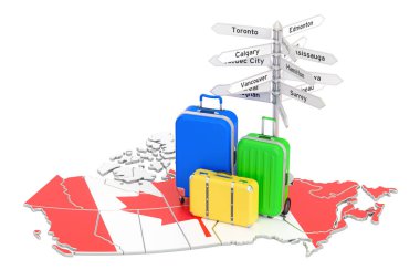 Canada travel concept. Canadian flag on map with suitcases and s clipart