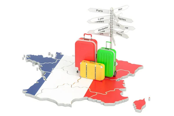 Frankrike resor koncept. Franska flaggan på kartan med resväskor och sig — Stockfoto