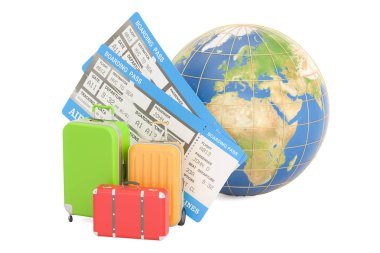 Kavramı, dünya küre bavul ve bilet ile seyahat. 3D rende