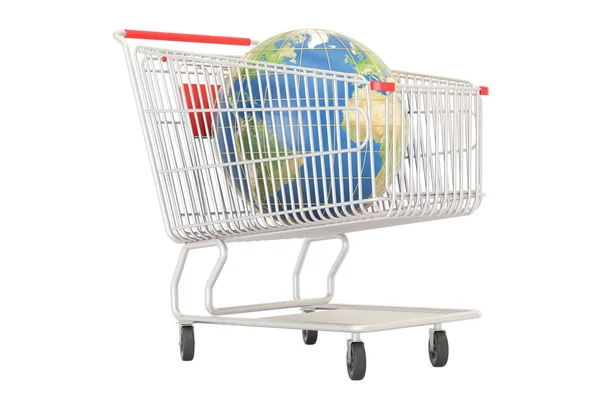 Carrito de compras con globo terráqueo, concepto de compras online — Foto de Stock